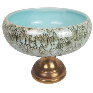 Vintage Mid-Century Modern Delft Holland Pedestal Bowl - Hand-Painted Turquoise